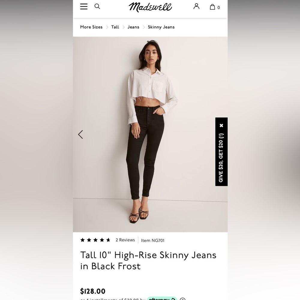 Madewell 10" high rise skinny jean size 28